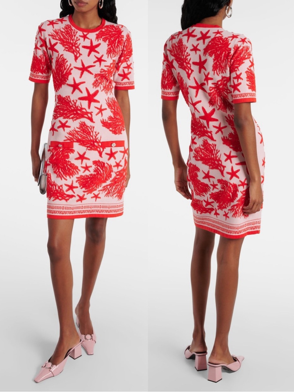 Versace Barocco Sea Coral Starfish Jacquard Sweater Dress Dusty Rose 8 US NWT